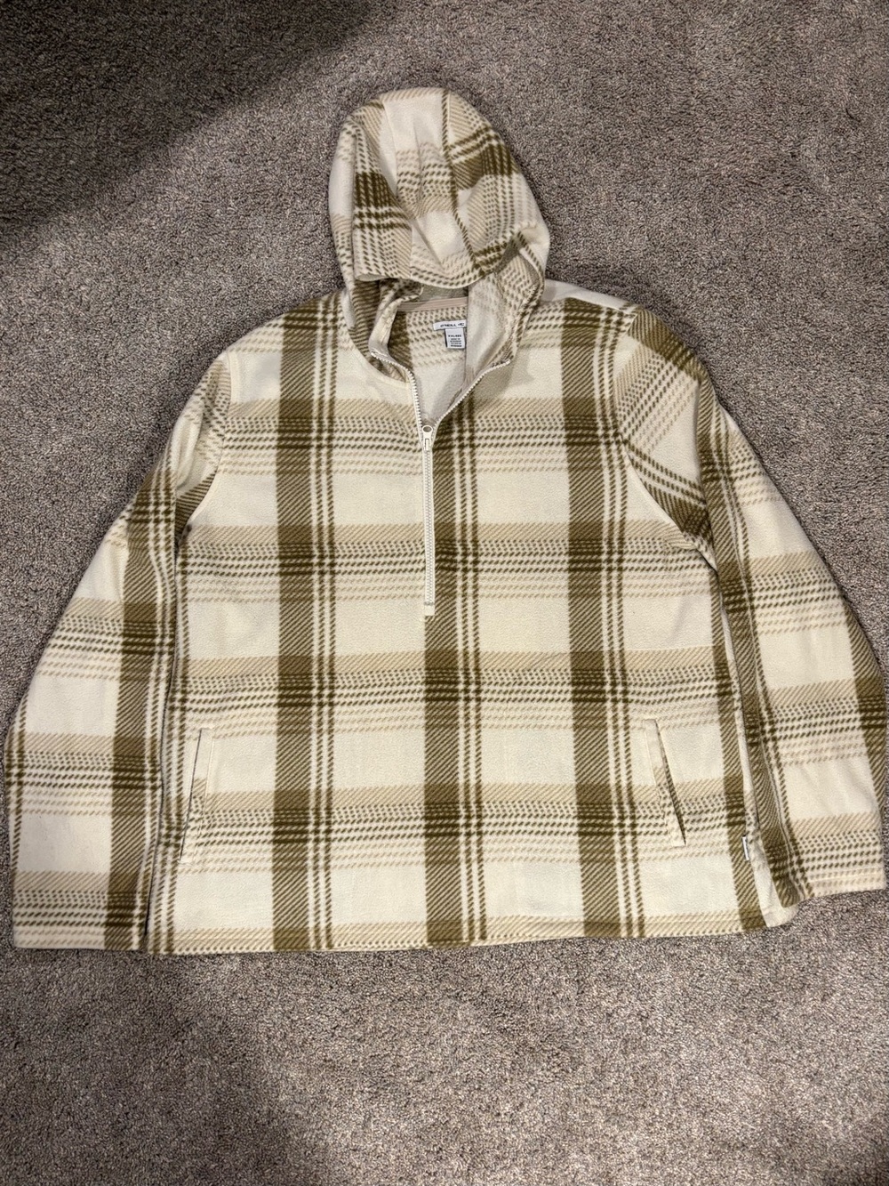 O'Neill Women’s Plaid Fleece 1/4 Zip Pullover Hoodie Cream Olive Green 2XL